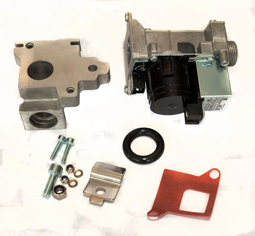 Gasarmatur von Daikin mit verschiedenen Komponenten, darunter ein Motormodul, Dichtungen und Halterungen, in einer Anordnung auf hellem Hintergrund.